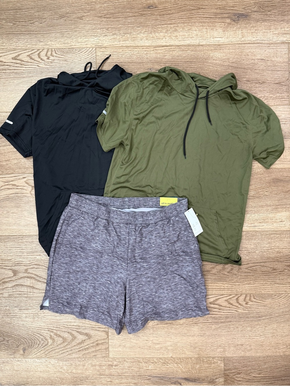 Men's Olive Hooded Short-Sleeve Top and Gray Athletic Shorts Set